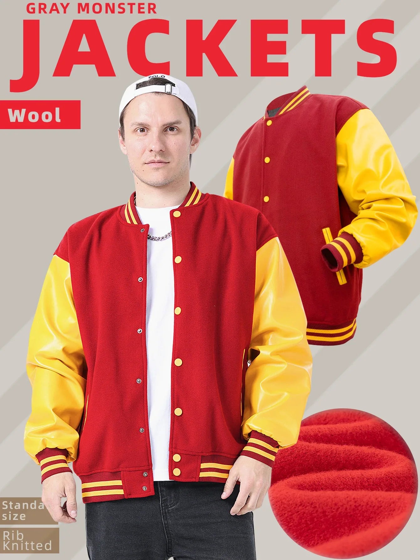 Men's Classic Varsity Jacket with Faux Leather Sleeves Letterman Style Baseball Coat Color-Block Lightweight Men's