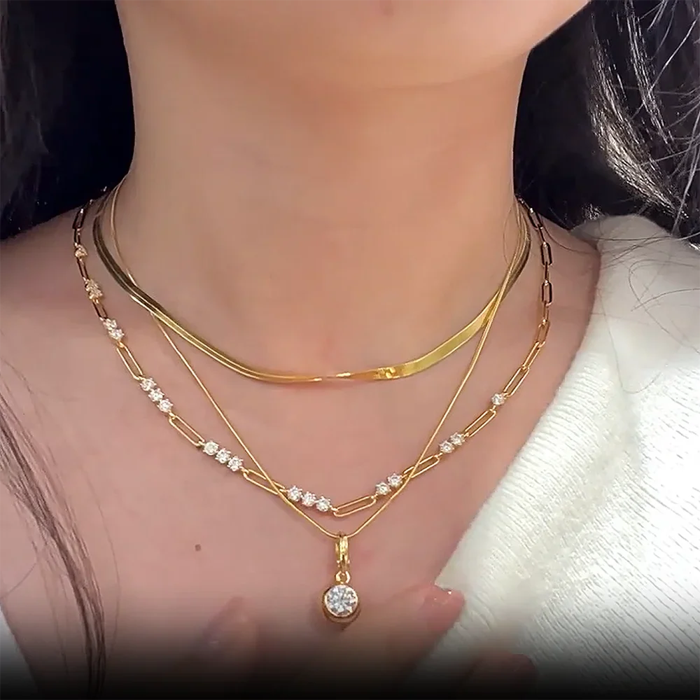 S925 Sterling Silver Paperclip Necklace with 3mm Round Moissanite Diamond Layering Link Chain Necklace for Women Fine Jewelry