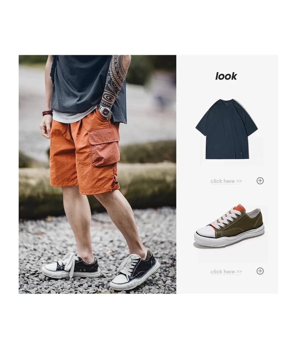 Summer Men Straight Shorts Orange Patchwork Gingham Loose Beach Pants Plus Size Shorts Elastic Waist Light Breathable