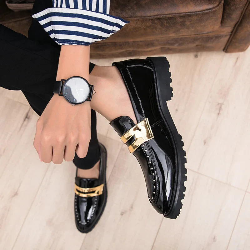 Fashion Classic Thick Sole Men's Penny Loafers Slip-On Business Dress Shoes Gentleman Metal Buckle Formal Black Shoes