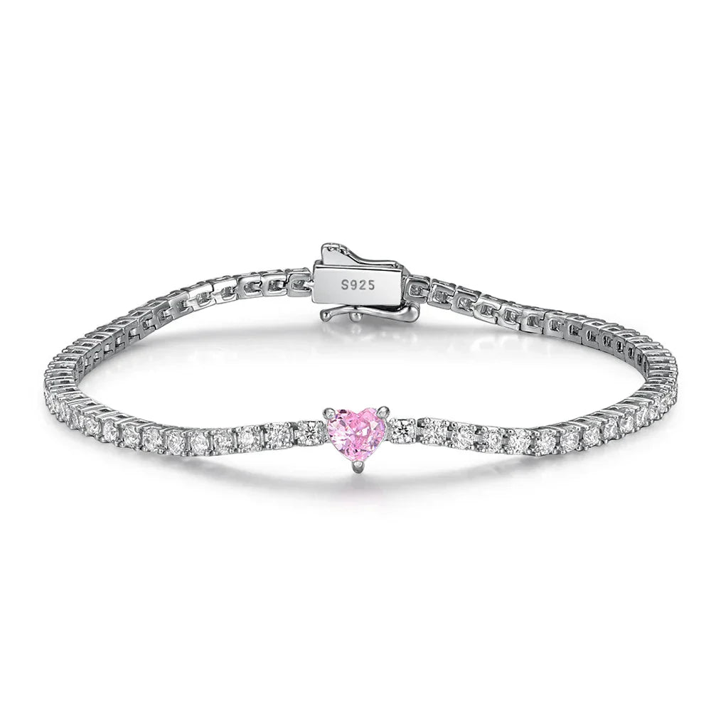 2mm Round Moissanite Tennis Bracelets with 5mm Pink White Heart Cut Diamond Bracelet for Women Men 925 Sterling Silver Bangle