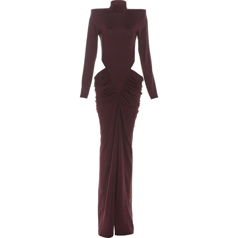 Hipster Waistless Ruched Elegant Dress Woman Autumn Style Turtleneck Full Sleeve Hollow Design Prom Party Long Bodycon