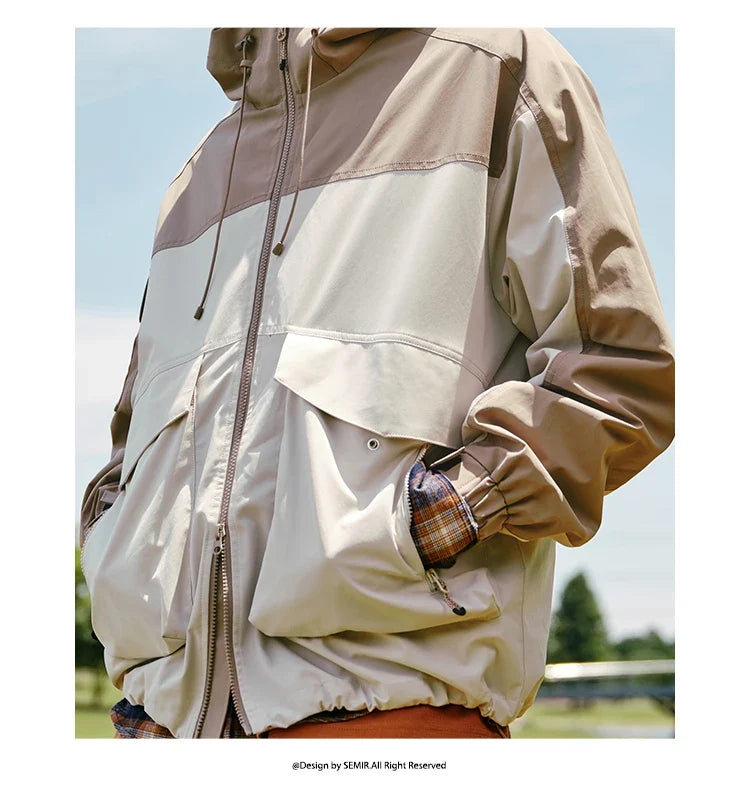 Three-proof Jacket Men Autumn Outdoor Color Block Hooded Windbreaker Large Pocket Workwear Trendy Coat