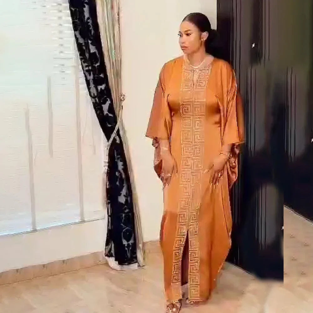 Fashion African Woman Large Size Bat Sleeve Dress Muslim Islamic Style Robe Imitation Silk Hot Fix Rhinestone