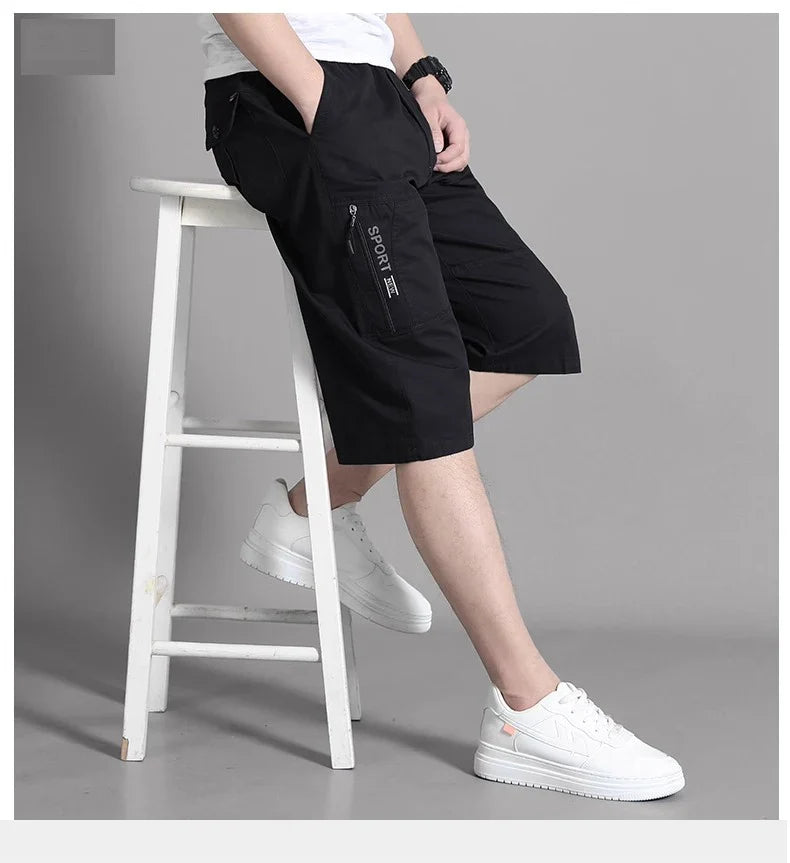 Men Cropped Cargo Shorts Men's Casual Sports Pants Zipper Pocket Summer Cotton Shorts Running Jogger Shorts Elastic Waist