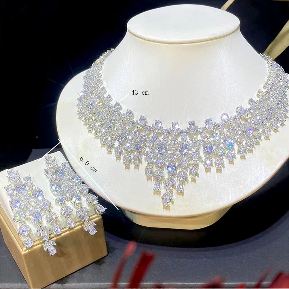 Luxury Floral Design Wedding Dubai Bridal Jewelry 2 PCS Set Shiny Cubic Zirconia CZ Necklace Pendant Earrings X0202