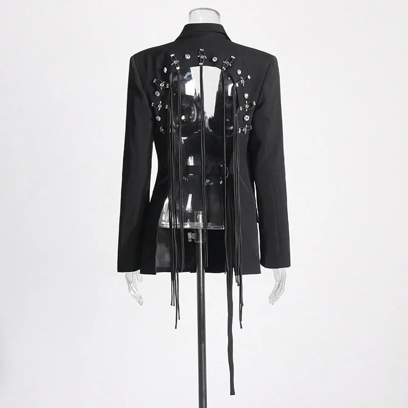 New Arrival Women Back Hollow Out Design Double Breasted Suit Jackets Y2K High Street Streamer Decoration Temperament Coat
