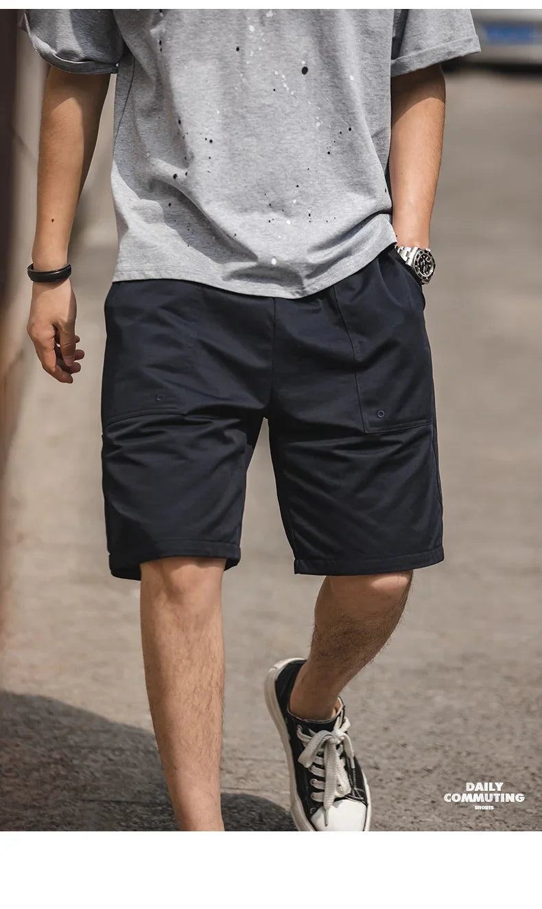Vintage Khaki Canvas Shorts Men's Summer Slim Fit Straight Leg Pants Cotton Shorts with Elastic Waist Pocket Casual Bottom
