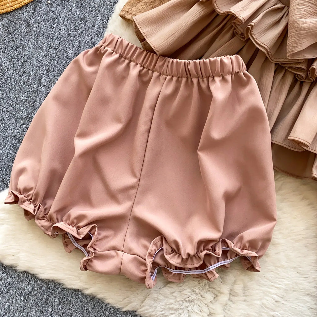 Fairycore Lace Chiffon Dresses With Stretch Shorts Pearl Button Bow Female Ruffles Sheer Seaside Holiday Mini Dress