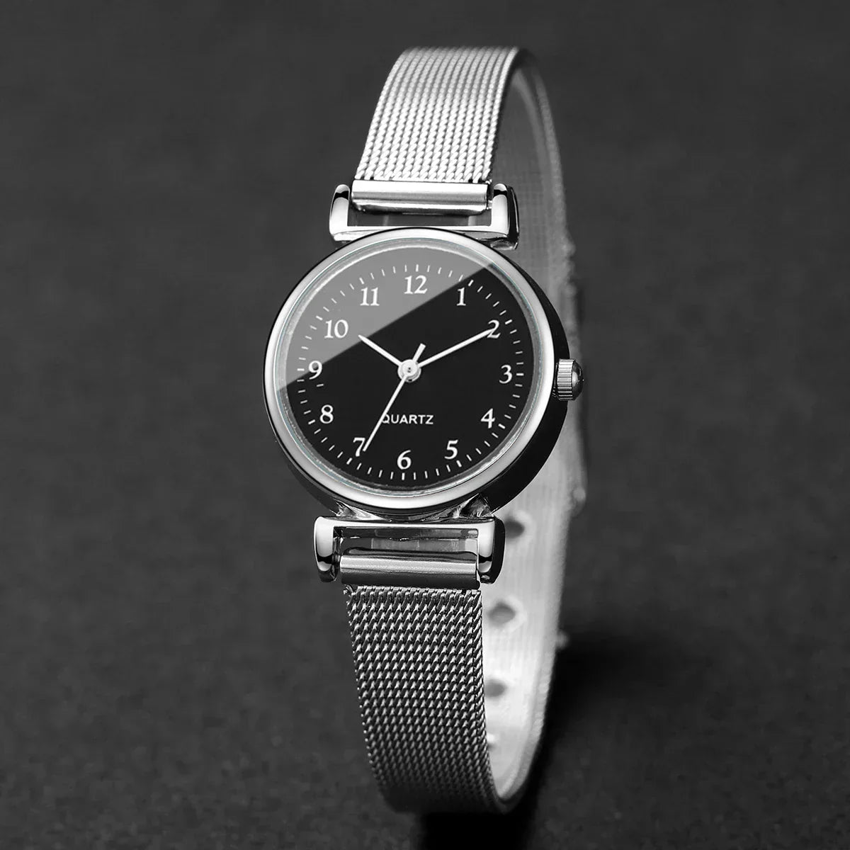 2PCS Fashion Women Quartz Watch Steel Mesh Band Watches Opening Cuff Bracelet Bangle Set（Without Box）