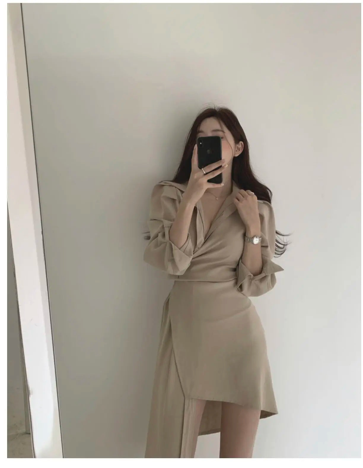 Early Autumn Shirt Dress Women's Mid-Length Asymmetrical Single-Button Notch Collar Slimming Style Commute Fashion