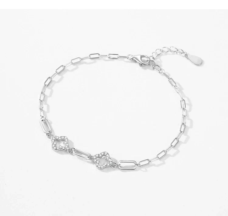 Real 925 Sterling Silver Charm Lucky Grass Cubic Zirconia Adjustable Bracelet For Women Classic Wedding Statement Jewelry