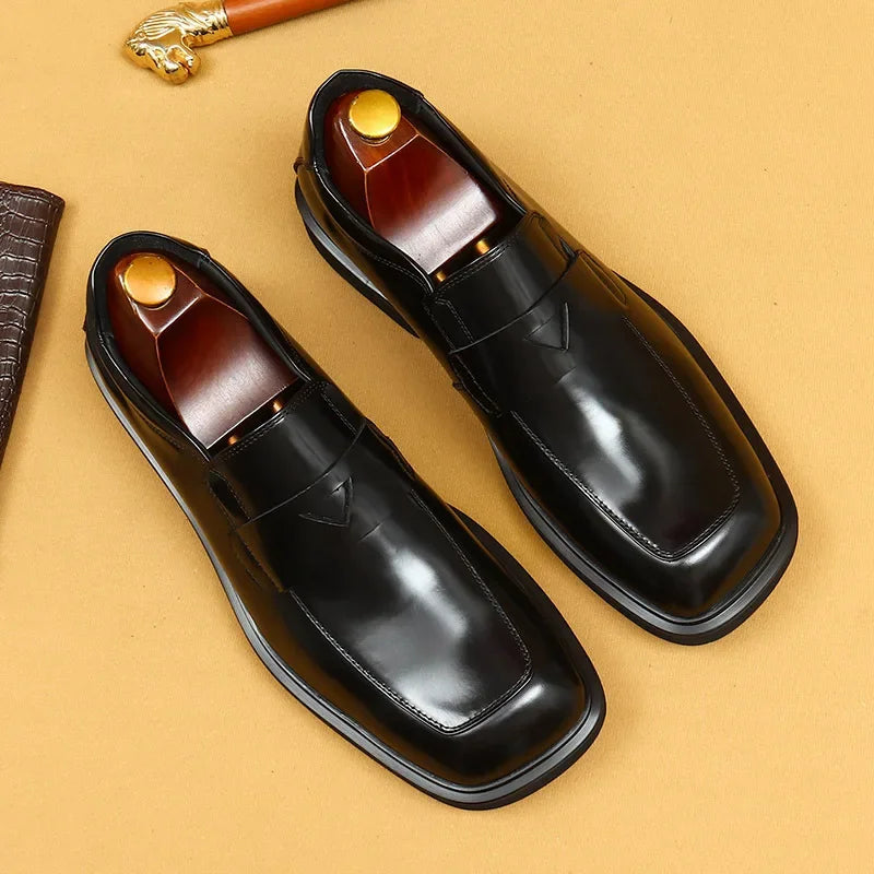 Glossy Black Thick Bottom Large Head Men's Shoes Business Casual Slip-On Loafers round Toe Leather Shoes for Adult Men