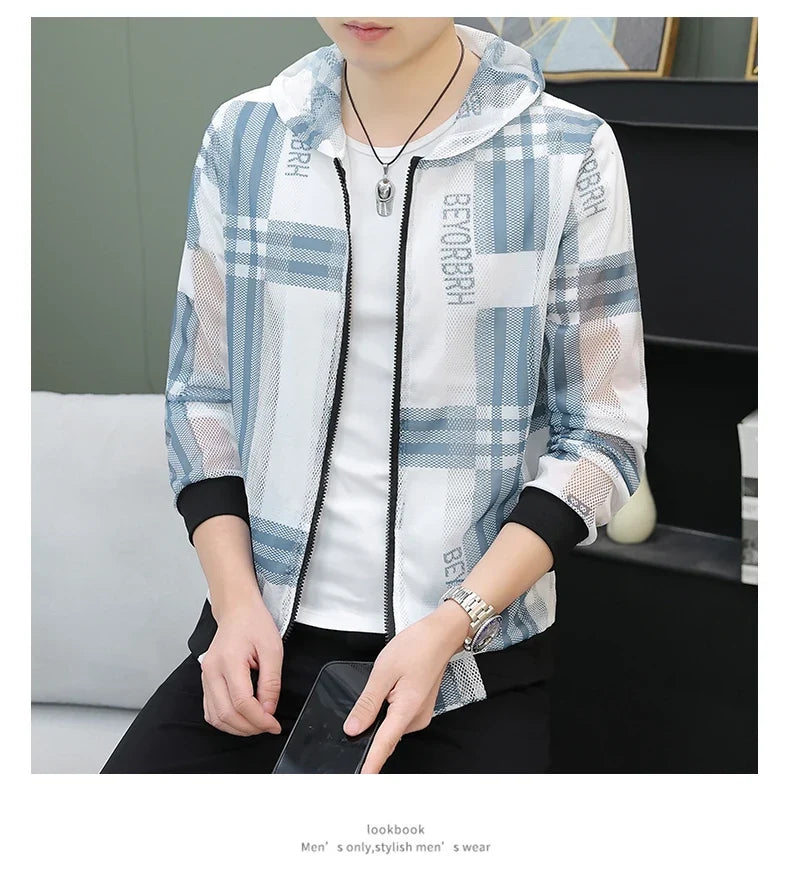 Men's Summer Mesh Sun Protection Clothing Trendy Stripe Print Ice Silk Cool Feeling Breathable Quick Dry Hooded Jacket