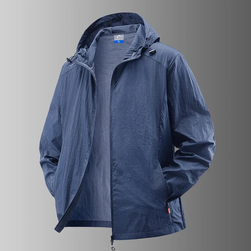 Men’s lightweight waterproof hiking jacket, hooded outdoor sports coat, summer sun protection, M–XXL
