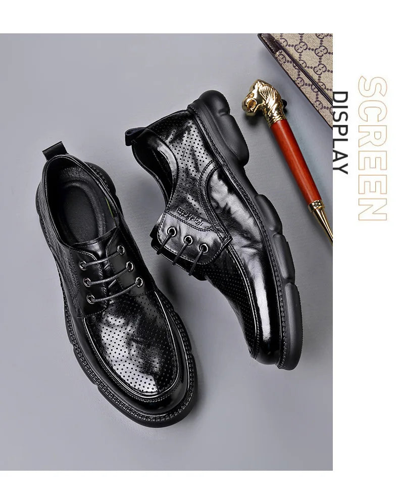 Summer Hallow Cow Leather Shoes for Men Fashion Casual Black New Designer Dress Shoes Male Lace Breathable Platform Shoes Man