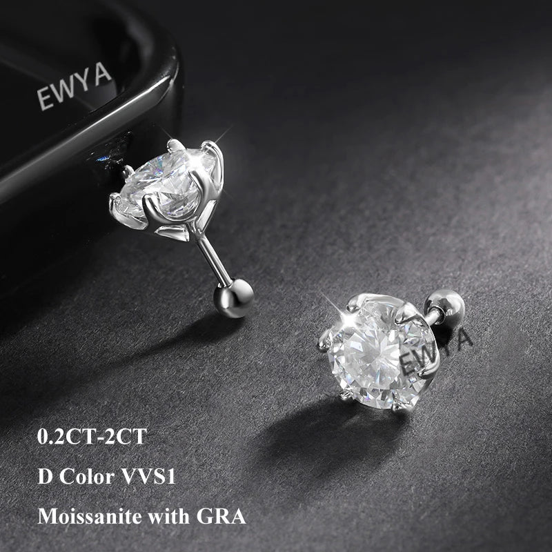 925 Sterling Silver 0.2-2ct D VVS1 6 Prong Diamond with GRA Moissanite Screw Stud Earrings For Women Wedding Fine Jewelry