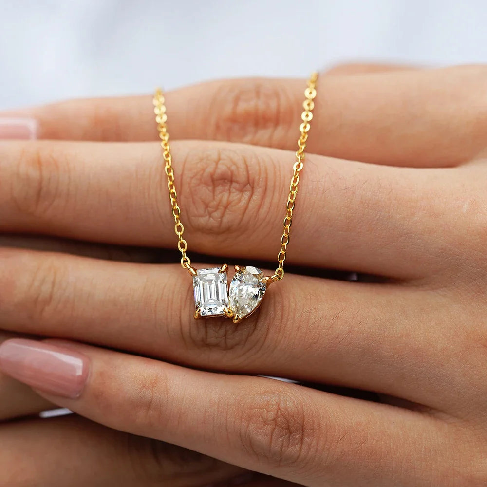 2CTTW Pear and Emerald Cut Moissanite Pendant Necklace Toi Et Moi 2 Stone Lab Diamond Necklace for Women S925 Silver 18K Jewelry