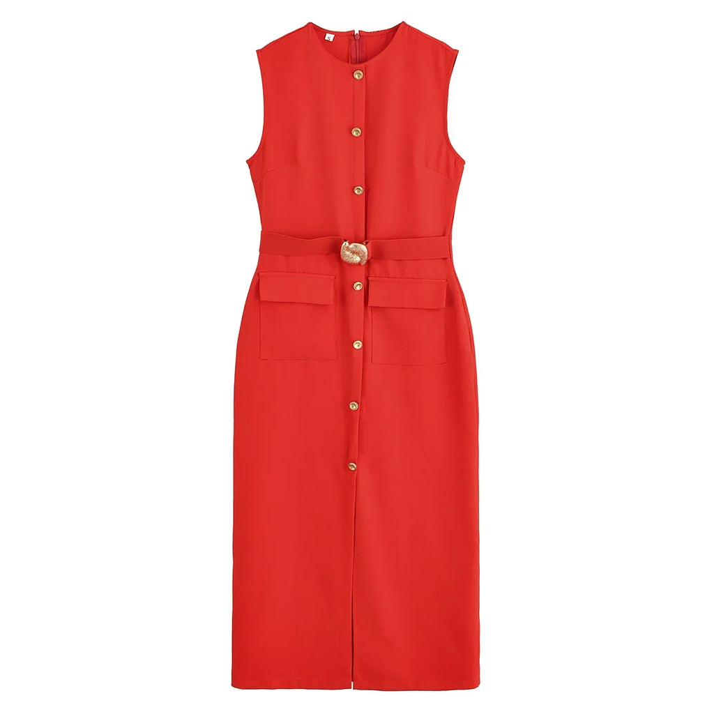 2025 Womens Dresses Black Office Long Dresses for Women Spring Sleeveless Midi Dress Woman Belt Button Women's Dress Vest
