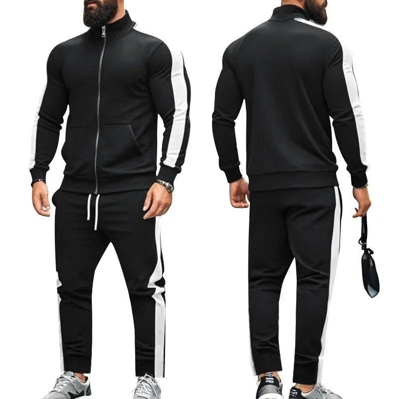 2025 Spring Autumn Men's 2-Piece Set Color Blocking Zipper Stand Collar Casual Sports Jacket Sweatshirt Trousers Suit
