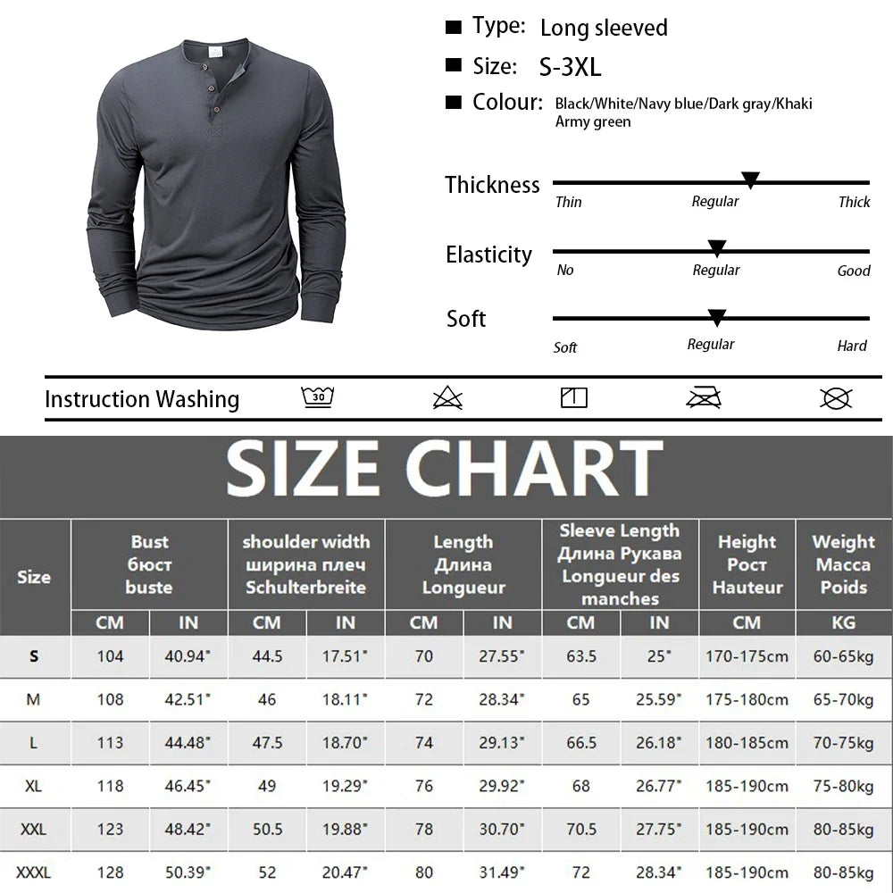 New Men's Henley T-shirts Long Sleeve Basic Casual Band Collar T Shirts Comfortable Soft Pullover Tops Male Tee