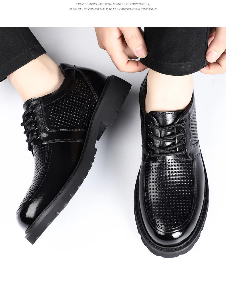 2026 Summer New Hallow Leather Shoes for Men Black Fashion Business Dress Shoes Male Lace Designer Platform Shoe Man