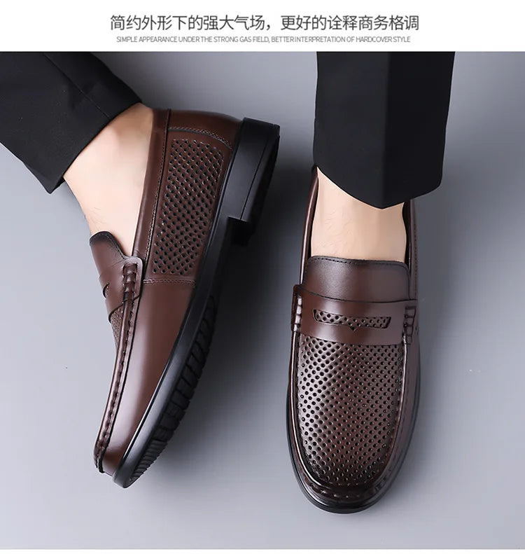 2026 Summer New Men's Breathable Leather Loafers Slip-On Hollow Out Casual Business Casual Shoes for Man Flat Driving Shoes Male