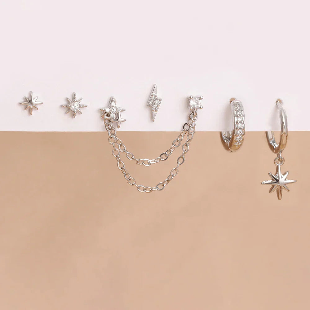 6PCS Fashion Cute Zircon Flower Ear Stud For Women Fashion 18K Gold Plated Star Ear Stud Earring Piercing Girl Set Jewelry Gift