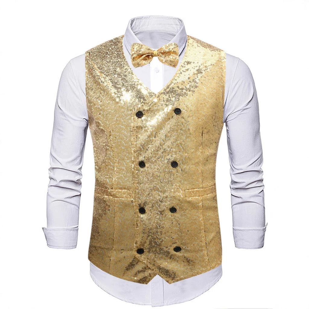 Men's Gold Sleeveless Blazer, Round Sequin-embellished Blazer Jacket, Perfect for Weddings, Parties, DJ Events, and Nightclubs.