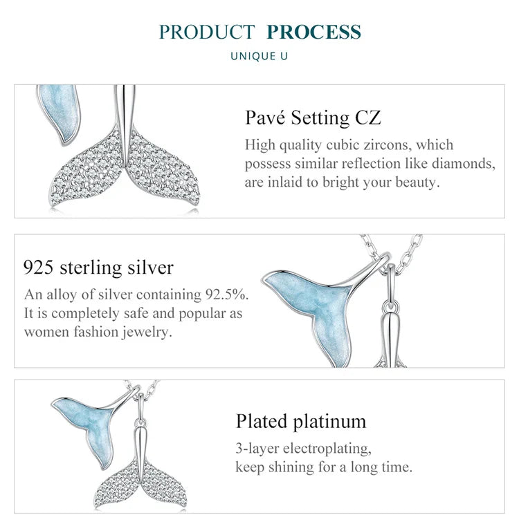 925 Sterling Silver Sky Blue Enamel Whale Tail Pendant Necklace Double Fish Tail Neck Chain for Women Fine Jewelry BSN294