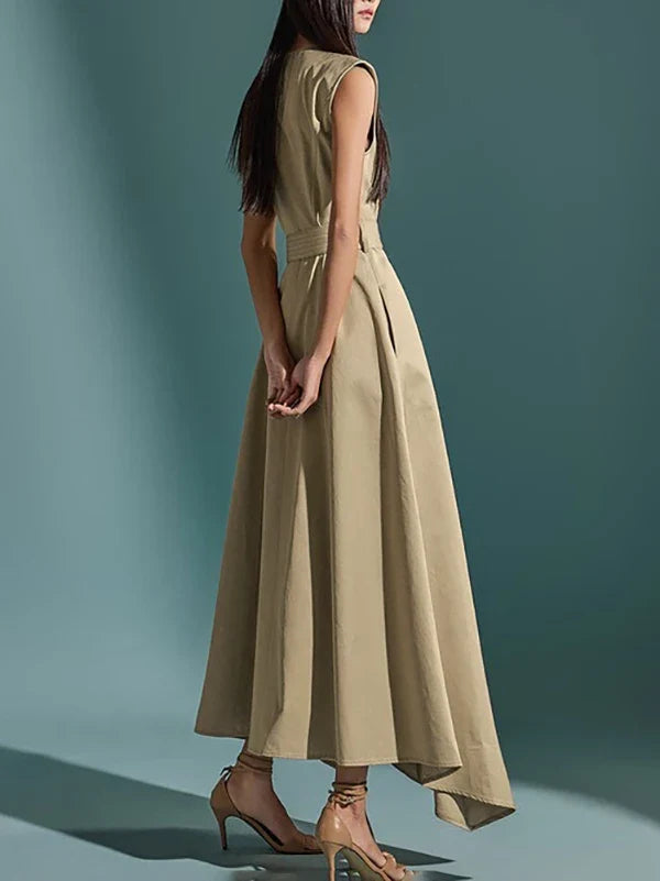 Summer 2025 Women's Elegant Sleeveless Cotton-Blended Dress Double Button High Waist A-Line Office Dresses with Belt