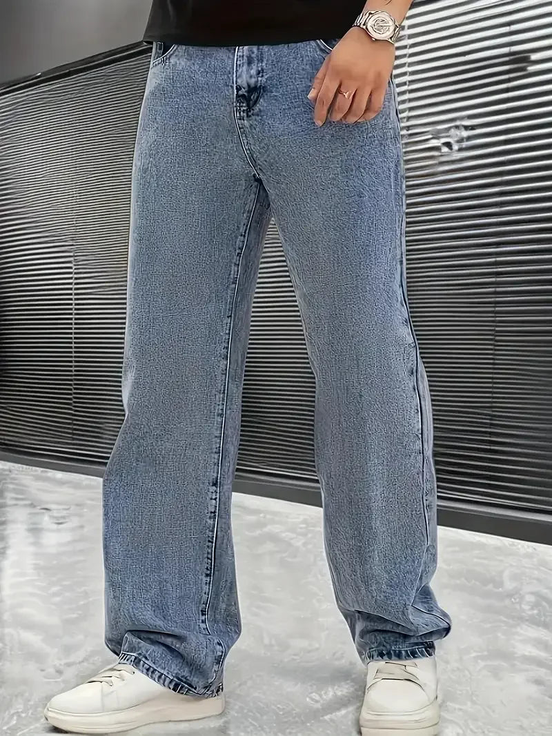 Men's Loose Fit Straight Leg Jeans - 65% Cotton 35% Polyester Blend, 390gsm Heavyweight Fabric, Japanese & Korean Streetwear Sty