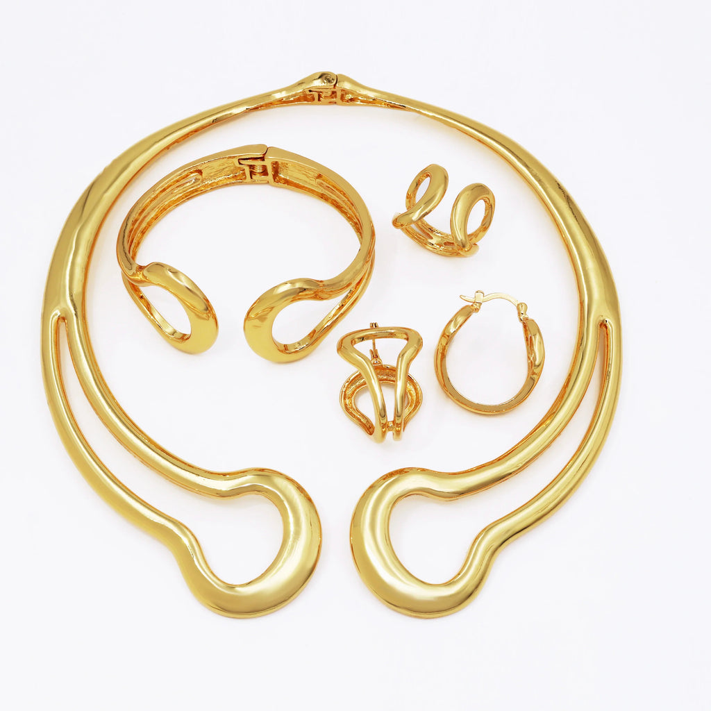 Italy 18k Gold Plated Jewelry Set For Women Classic Design Shiny Necklace Hoop Earrings Bangle And Ring Fashion 4PCS Set Jewelry