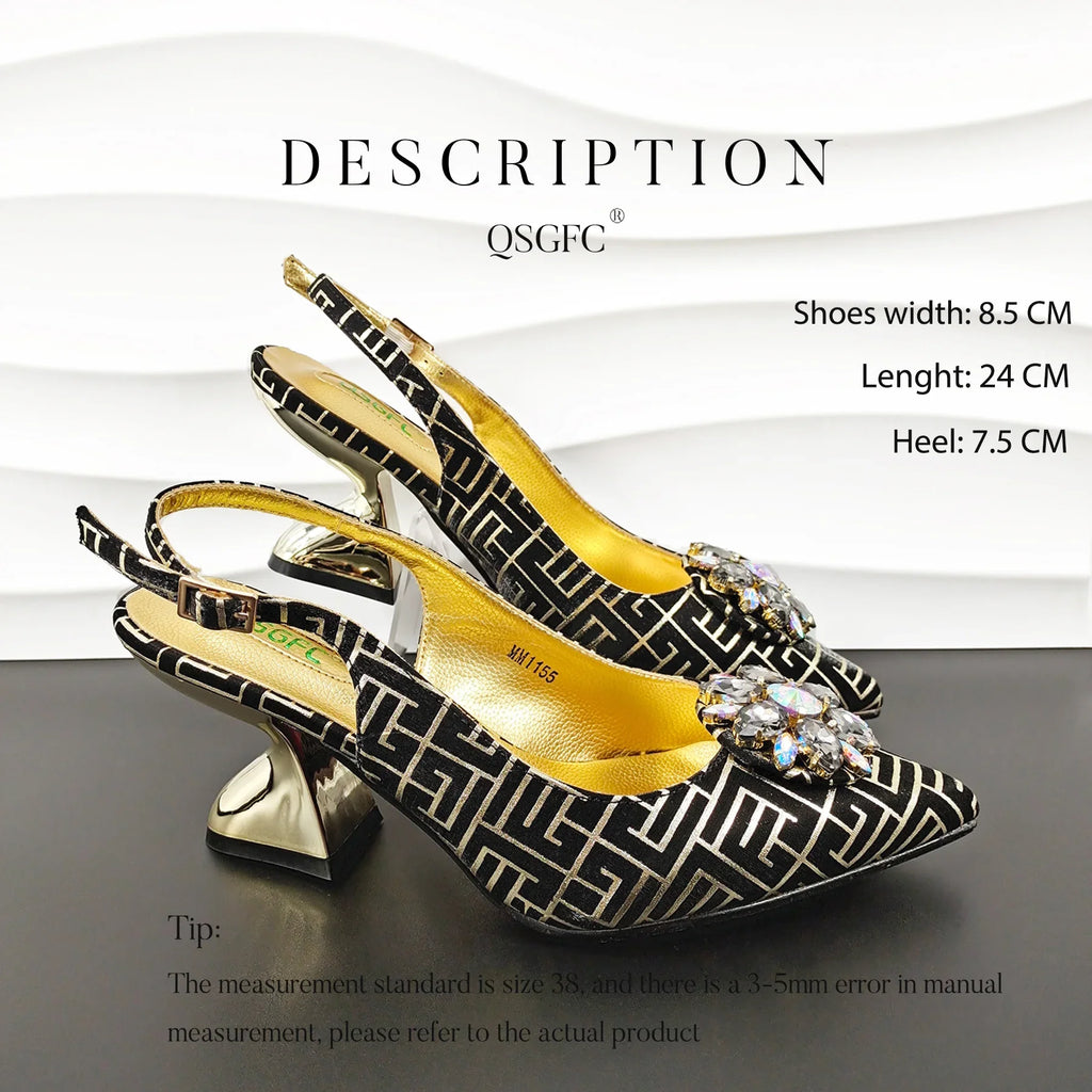 Embossed Style Big Diamond Decoration Classic Black Color Shoes and Bag Set
