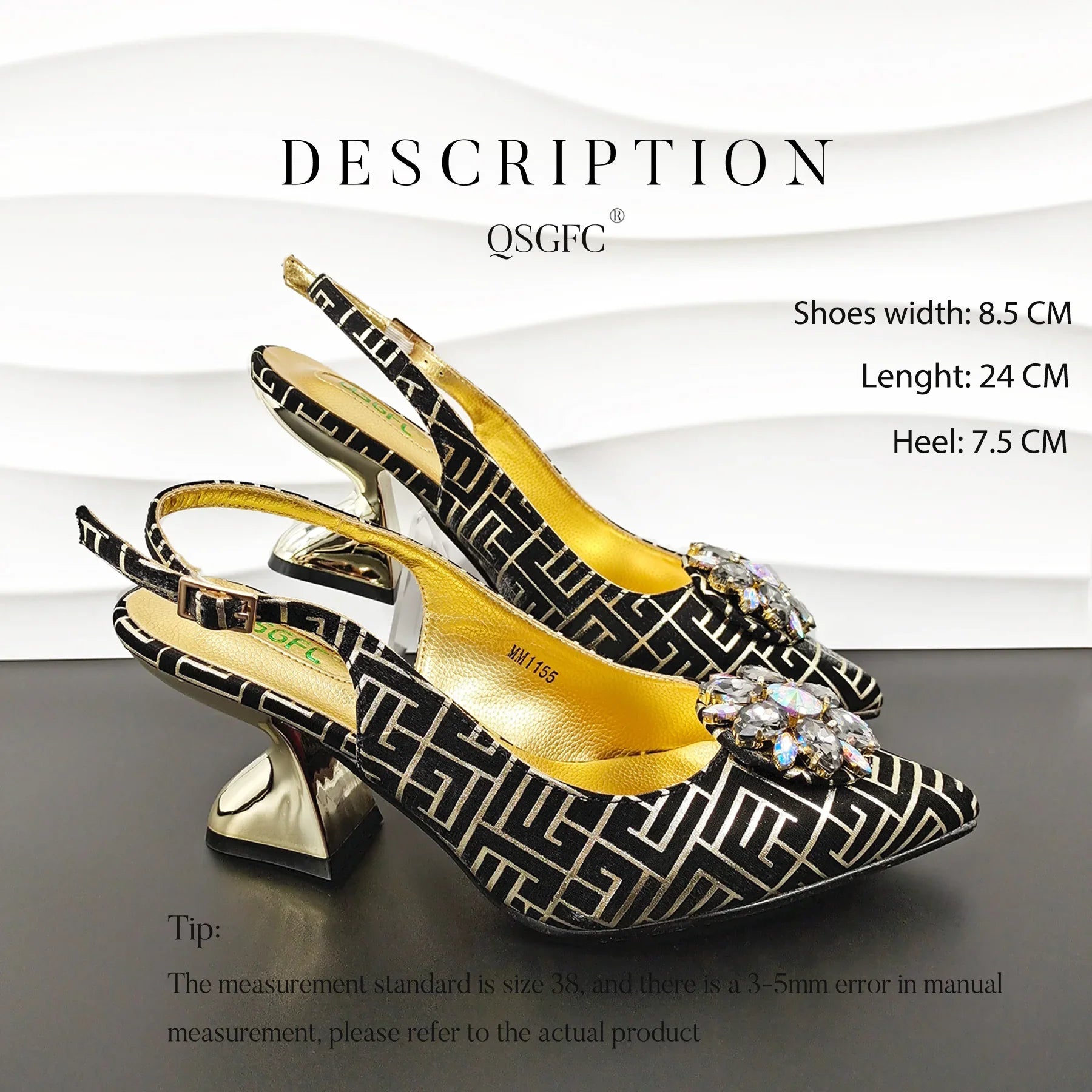 Embossed Style Big Diamond Decoration Classic Black Color Shoes and Bag Set