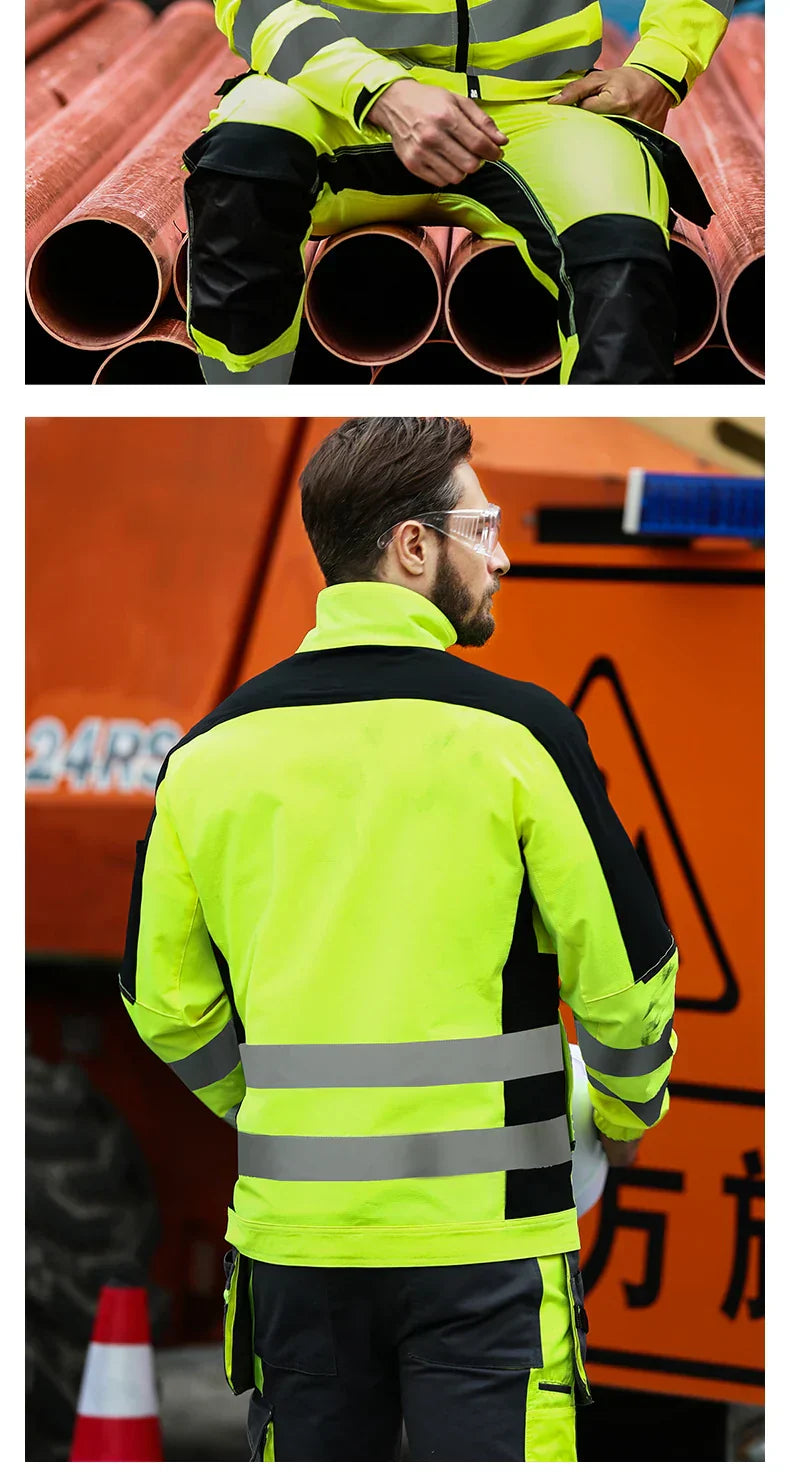 Men's Workwear Suit Work Suit Fluorescent Yellow Work Jacket and Pants Set with Multi Pockets Work Wear