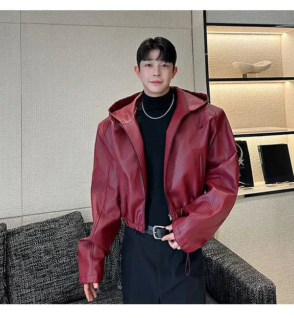Spring Autumn Short Waterproof Black Pu Leather Jacket Men Hood Zipper High Waist Loose Casual Korean Fashion 2025