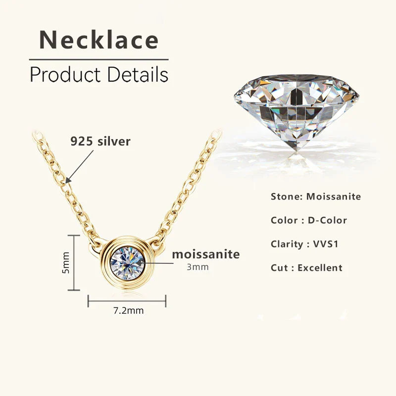3MM 0.1CT Moissanite Necklace Original 925 Sterling Silver Pendant Necklaces  For Women Delicate Neck Jewellry Gift