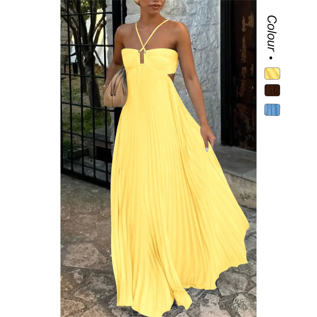 2025 New Women's Fashionable and Elegant Summer Camisole Beach Vacation Long Dress Elegant Backless Pleated Long Dress