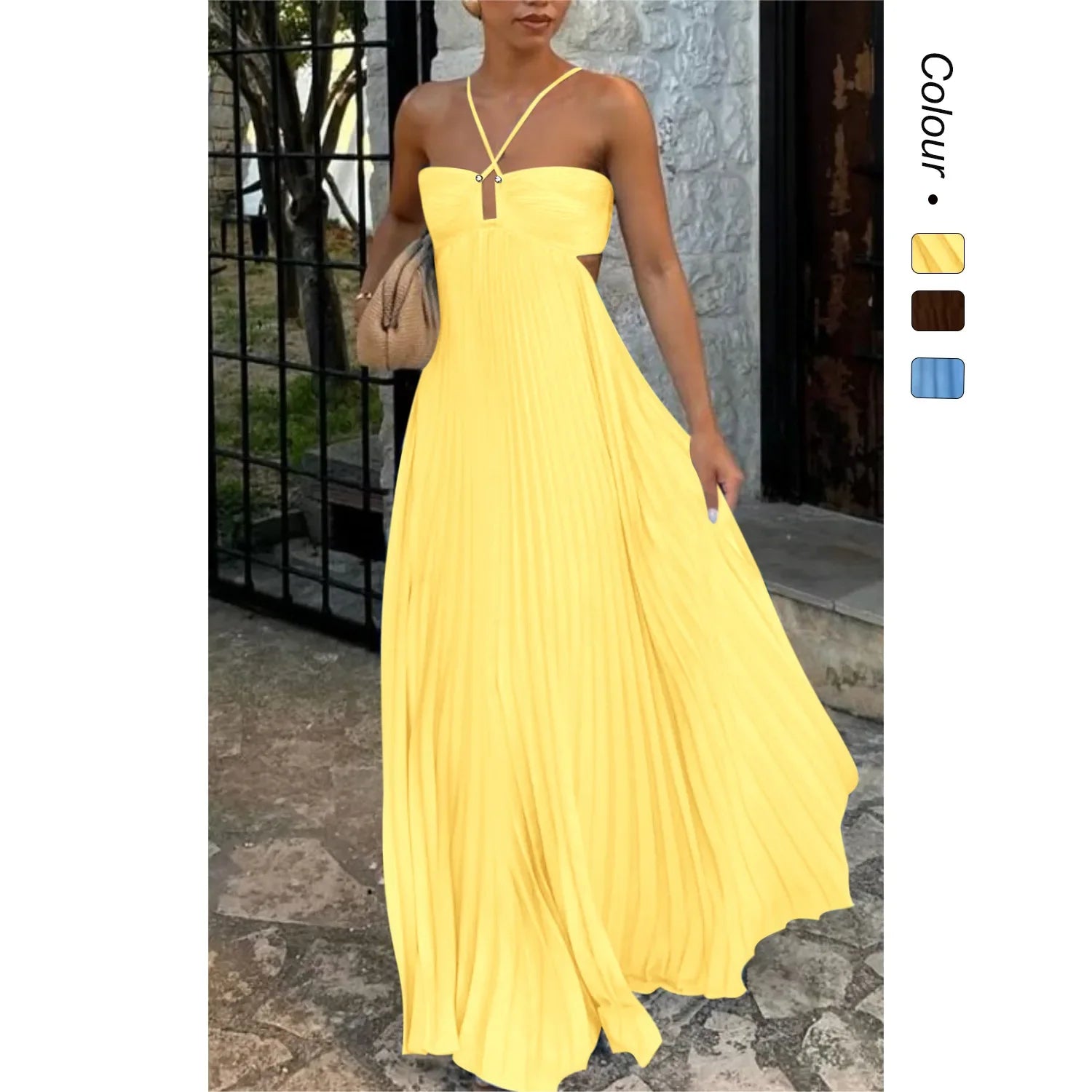 2025 New Women's Fashionable and Elegant Summer Camisole Beach Vacation Long Dress Elegant Backless Pleated Long Dress