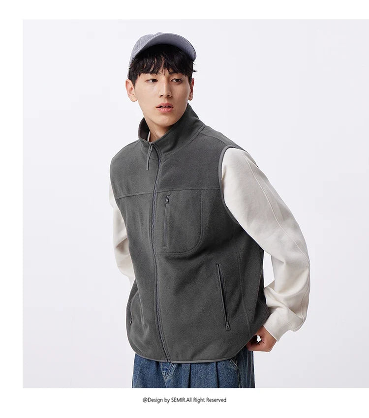 Vest Men Anti-Static Fleece Coat New Autumn 2024 Warm Collar Lining Solid Color Versatile Top