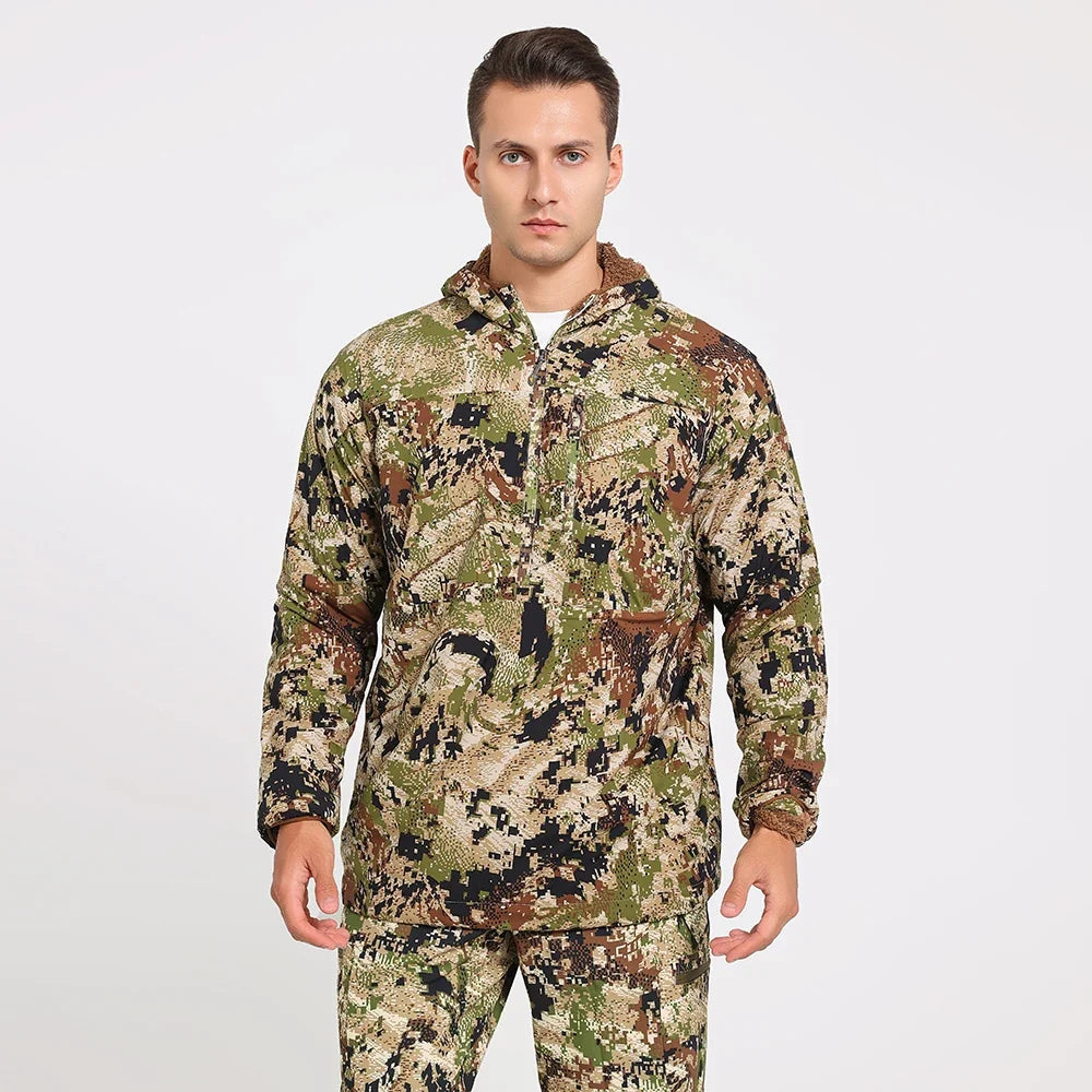 Men's Stretch Camouflage Jacket, Hunting Pullover, Light Nylon Fabric Printed Plush Lining Hoodie