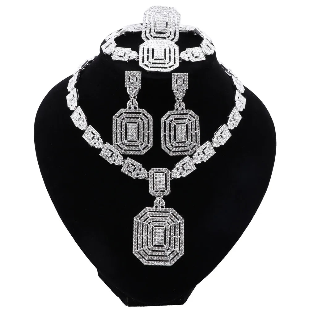Silver Plated Jewelry Sets For Women Necklace Earrings Bracelet Ring Dubai African Indian Bridal Accessory