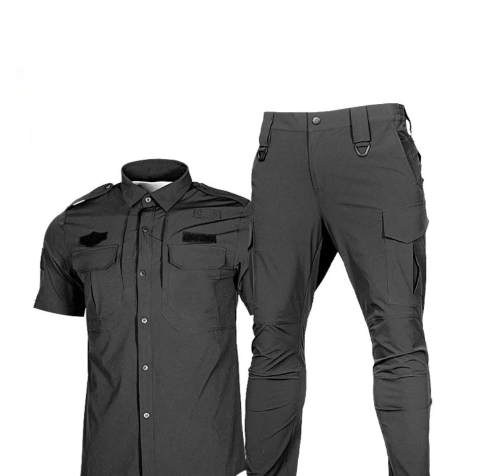 Quick Drying Workwear Suit Men Combat Elastic Tactical Training Set Multi Pocket Man Security Staff Uniform Cargo 2pcs Suits