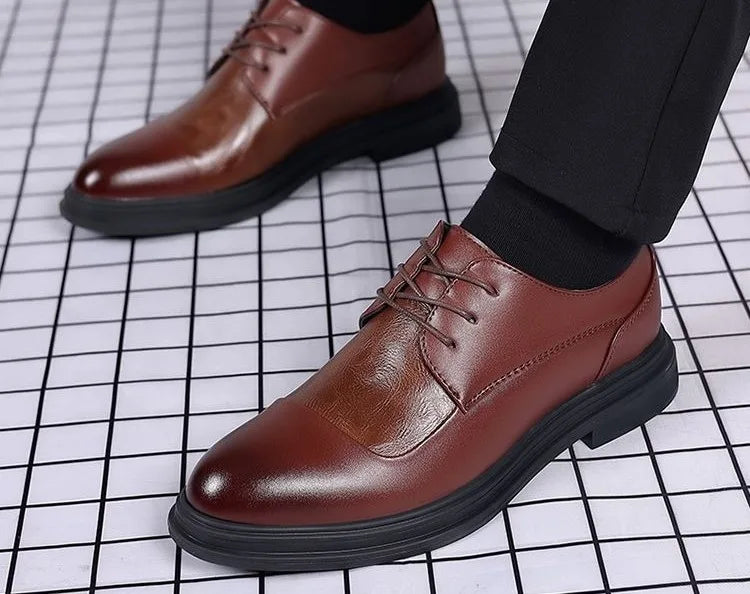 Men's Genuine Leather Oxfords Pointed Toe Lace Up Dress Shoes British Style Business Wedding Casual Footwear for Spring Autumn