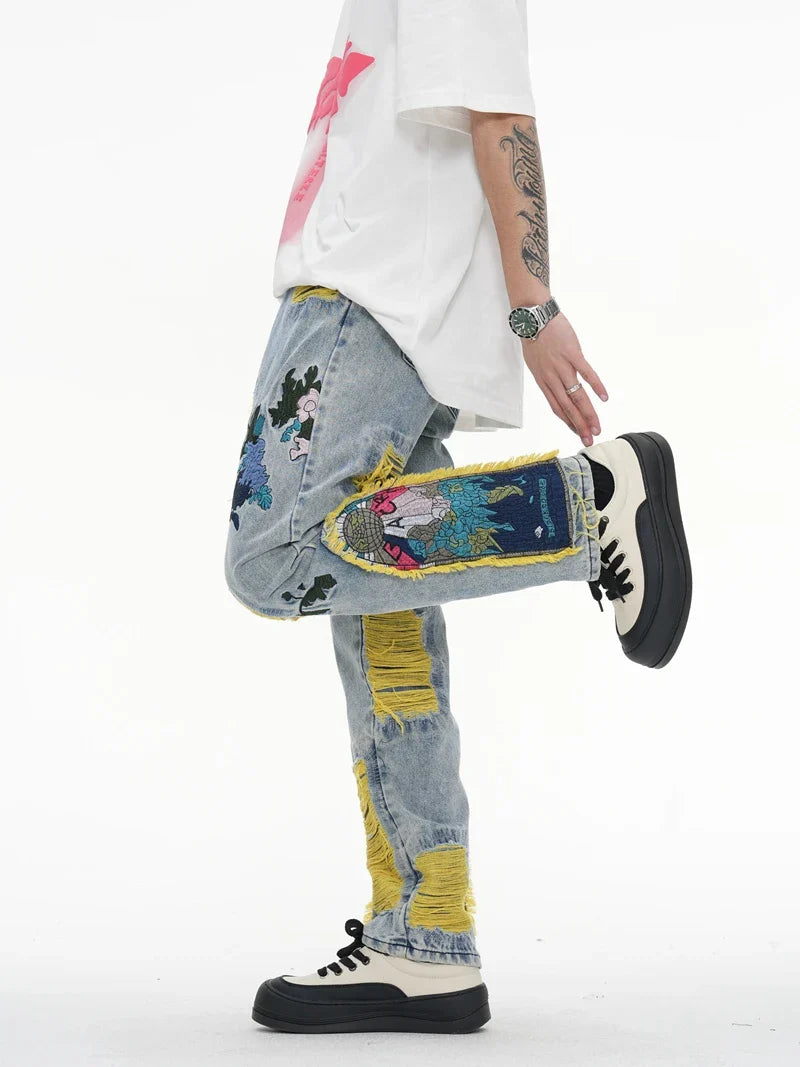 Chinese Painting Embroidered Patch Denim Ripped Jeans for Men Streetwear Pleated Tassels Distressed Destroyed Jean Straight Male