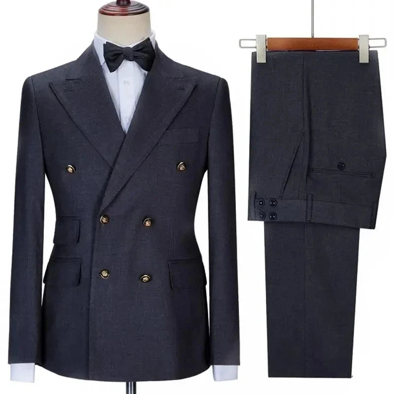 Men Suit 2 Pieces Beige Double Breasted Solid Color For Business Casual Wedding Groom Banquet Work Tuxedo Set Jacket With Pants