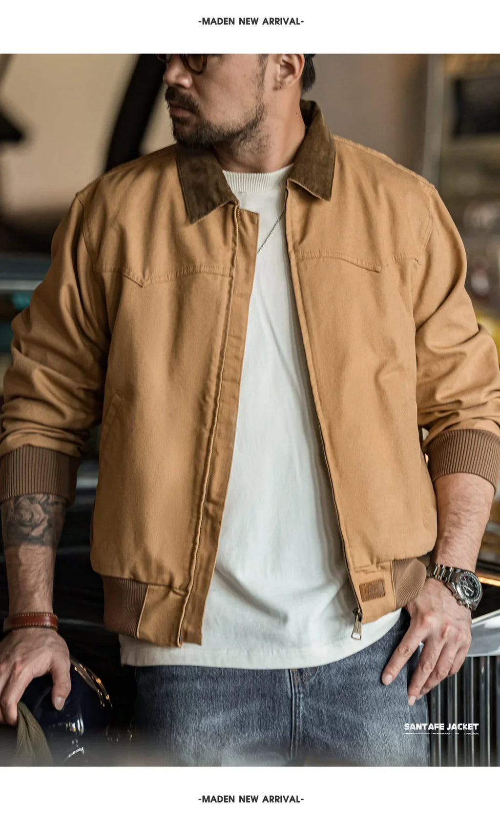Retro Heavyweight Santafe Canvas Jackets Cotton Corduroy Lapel Ribbed Hem Cuffs Short Jacket for Men's Autumn Overcoat