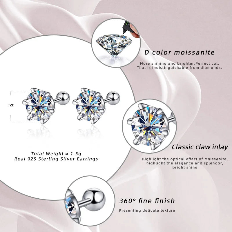 0.5-2ct Moissanite Screw Stud Earrings D Color 925 Sterling Silver Diamond Earrings For Women Wedding Fine Jewelry
