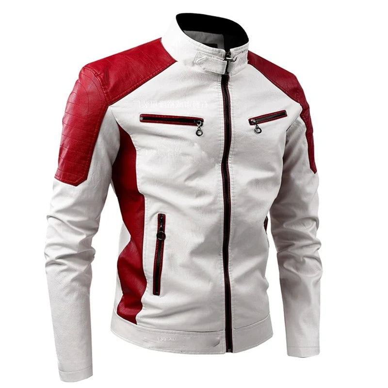 Patchwork Motorcycle Jacket Men ,Leather Jacket, Color-blocking Stand-up Collar Coats, PU Motorcycle Jacket, Motorbike Jacket